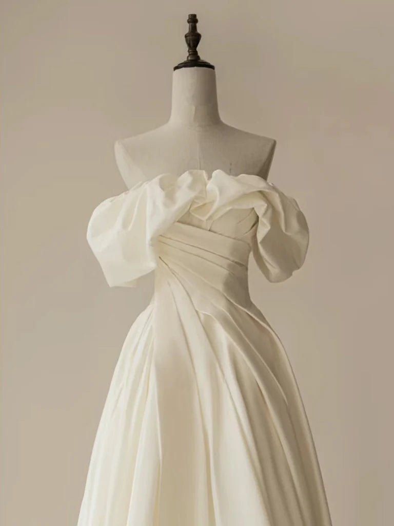 A-Line Off Shoulder Ivory Satin Long Prom Dress