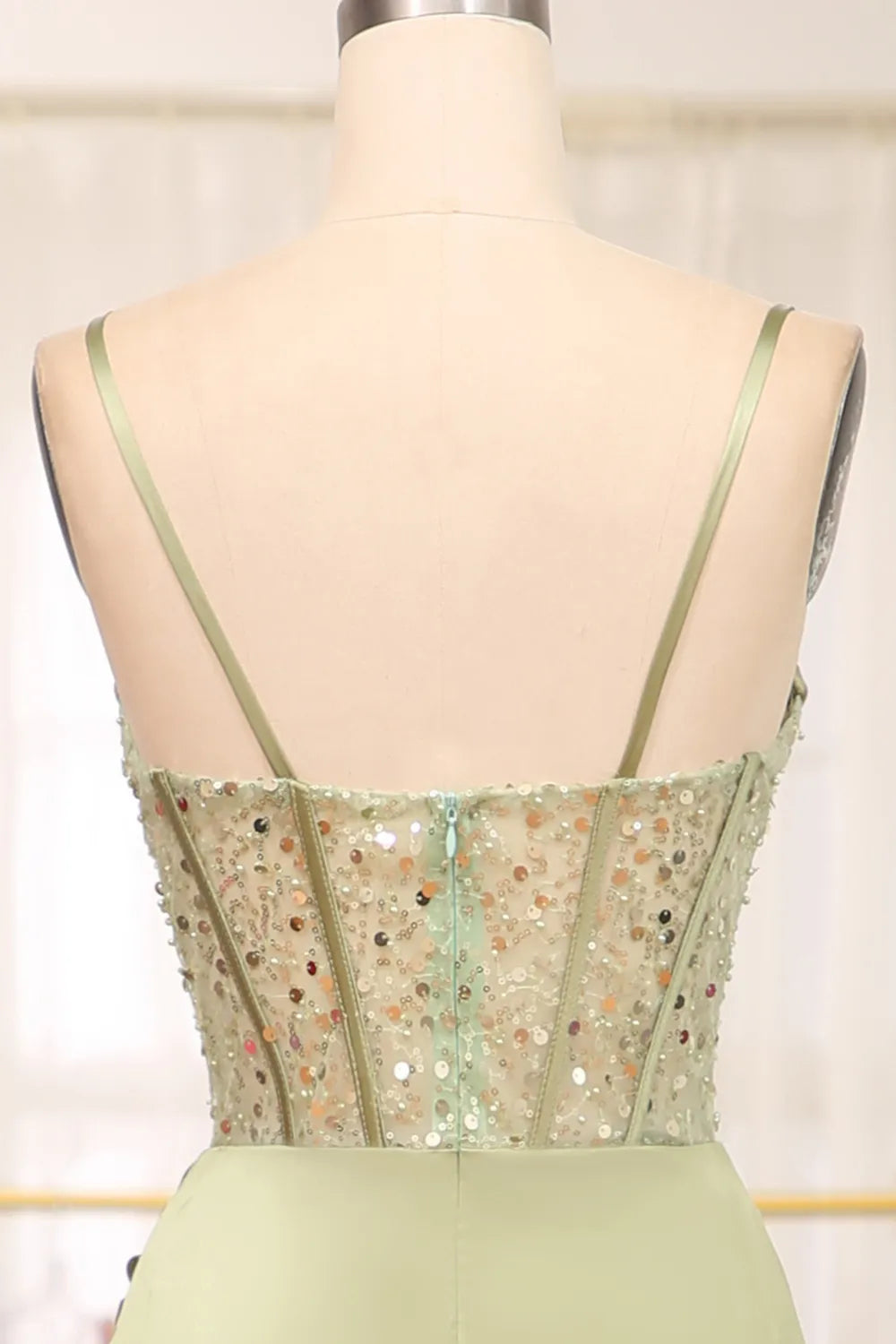 Spaghetti Straps Sage Corset Prom Dress with Beading