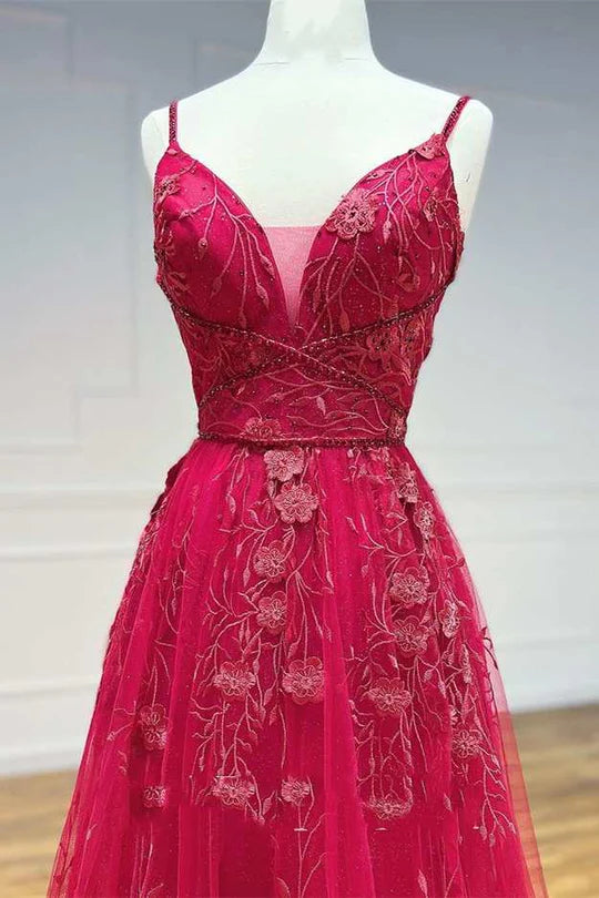 Floral Lace V-Neck Lace-Up A-Line Prom Dress