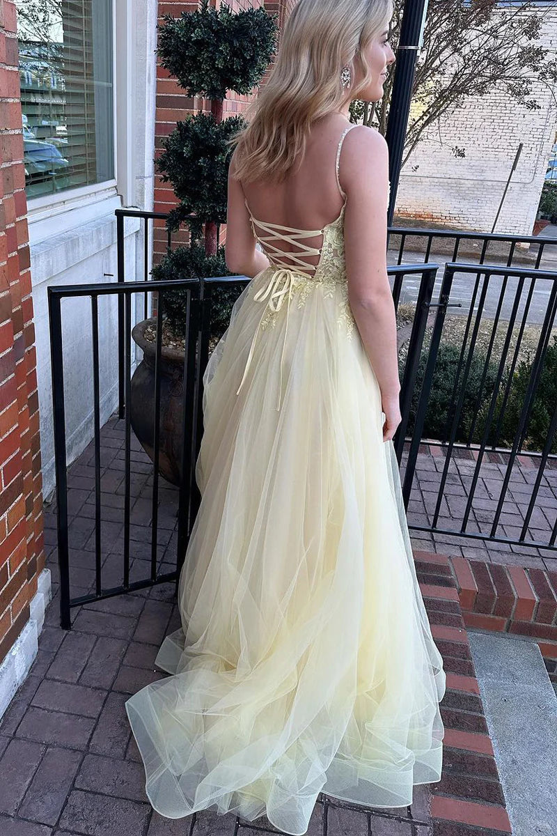 Yellow V Neck Tulle Long Prom Dresses with Appliques