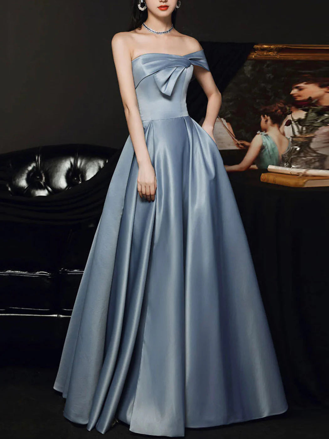 A Line Satin Gray Blue Long Prom Dress Gray Blue Long Bridesmaid Dress