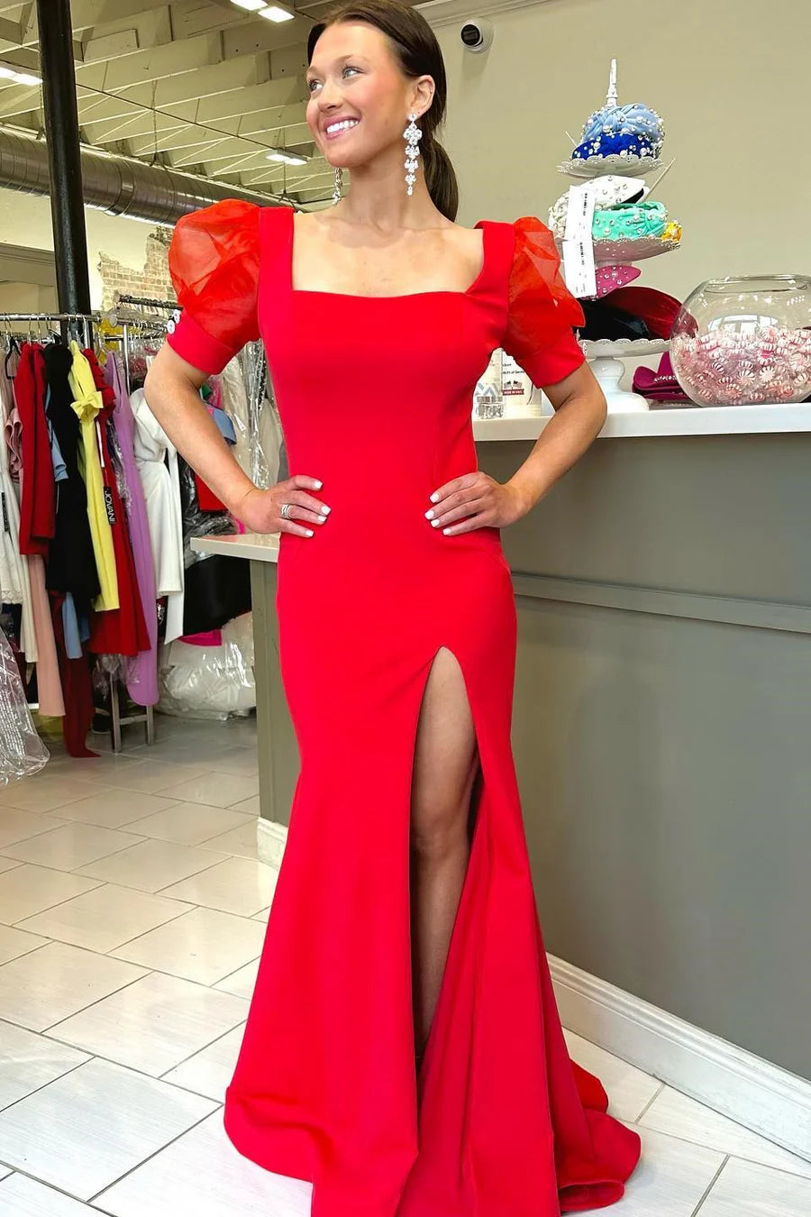 Square Neck Puff Sleeve Mermaid Long Dress with Slit