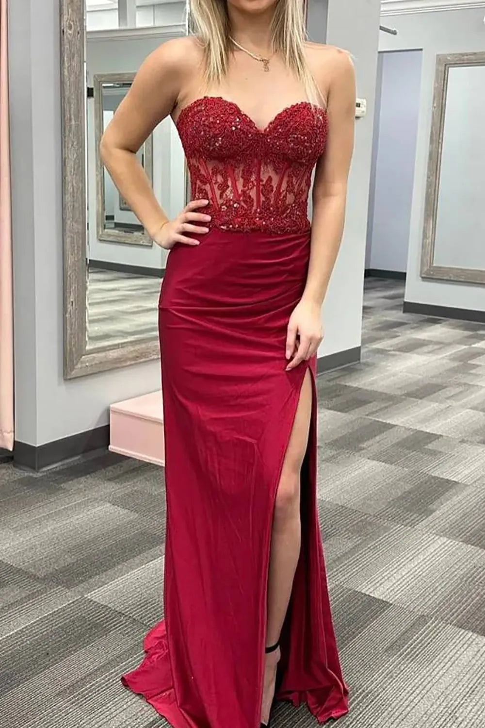 Sparkling and shiny Hot Pink Corset Long Prom Dress with Slit