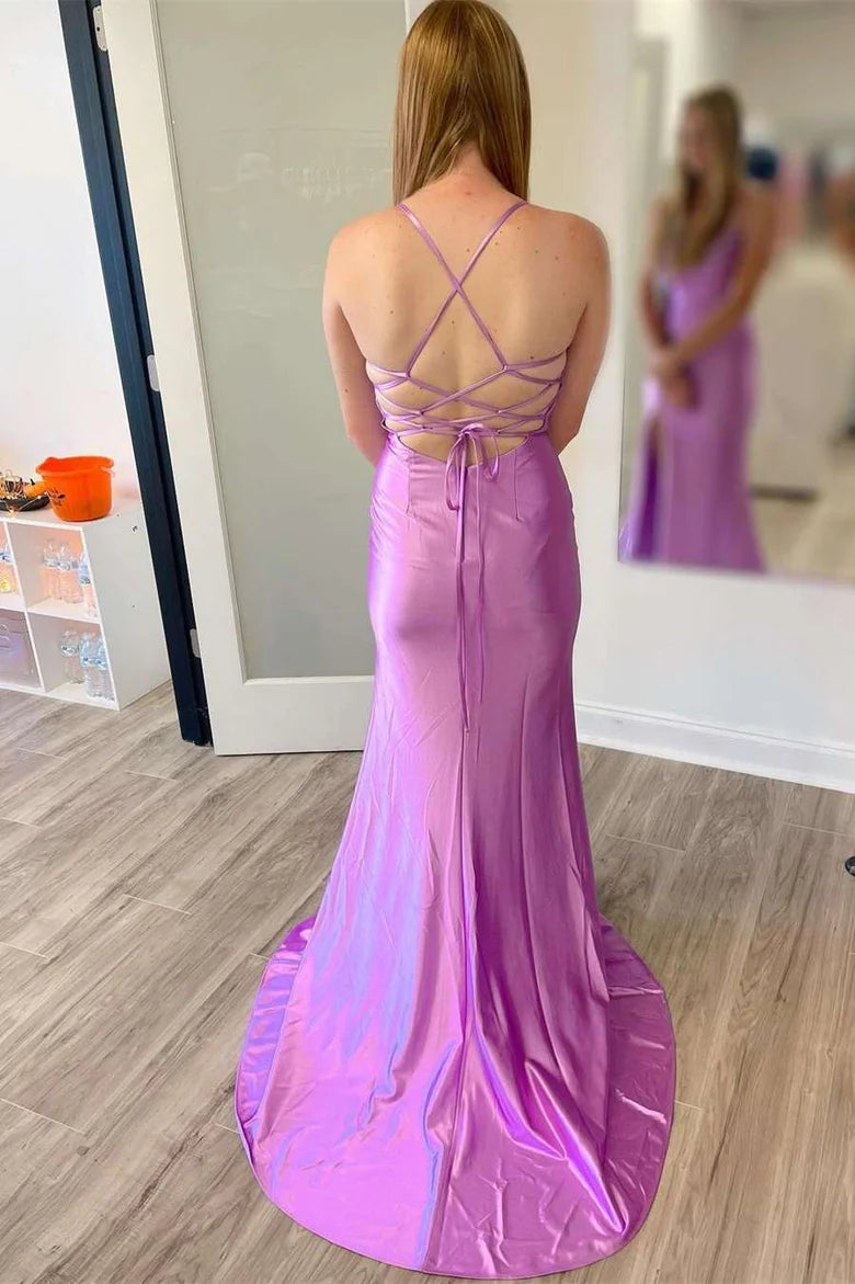 Satin Cowl Neck Lace-Up Back Long Prom Dress with Slit