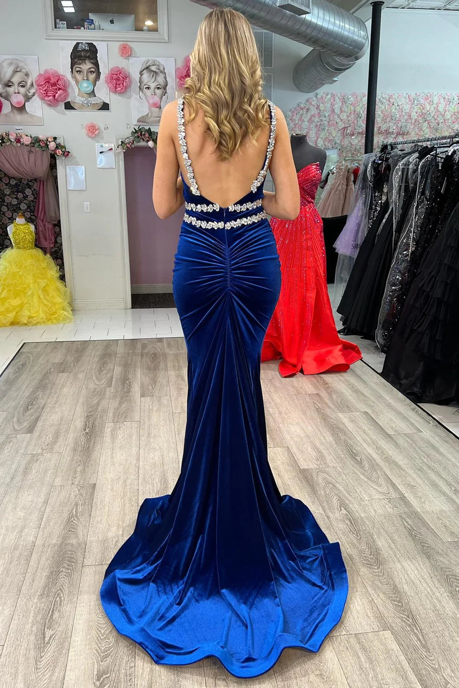Velvet V-Neck Beaded Strap Mermaid Long Formal Dress