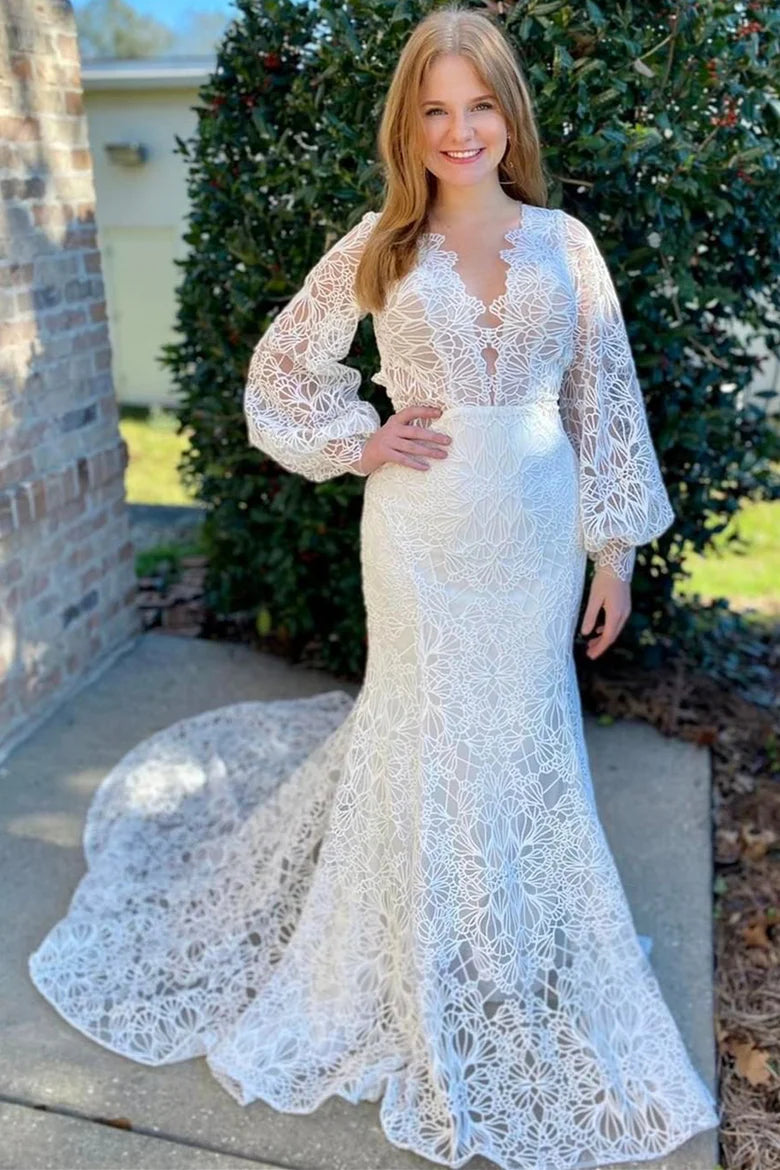 Lace Long Sleeve Backless Mermaid Wedding Dress