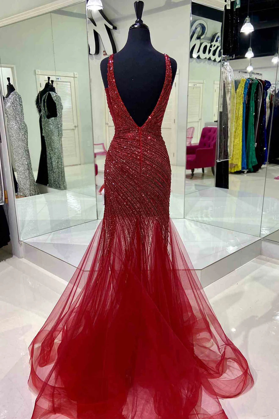 Sequin and Tulle Block V-Neck Backless Long Prom Dress