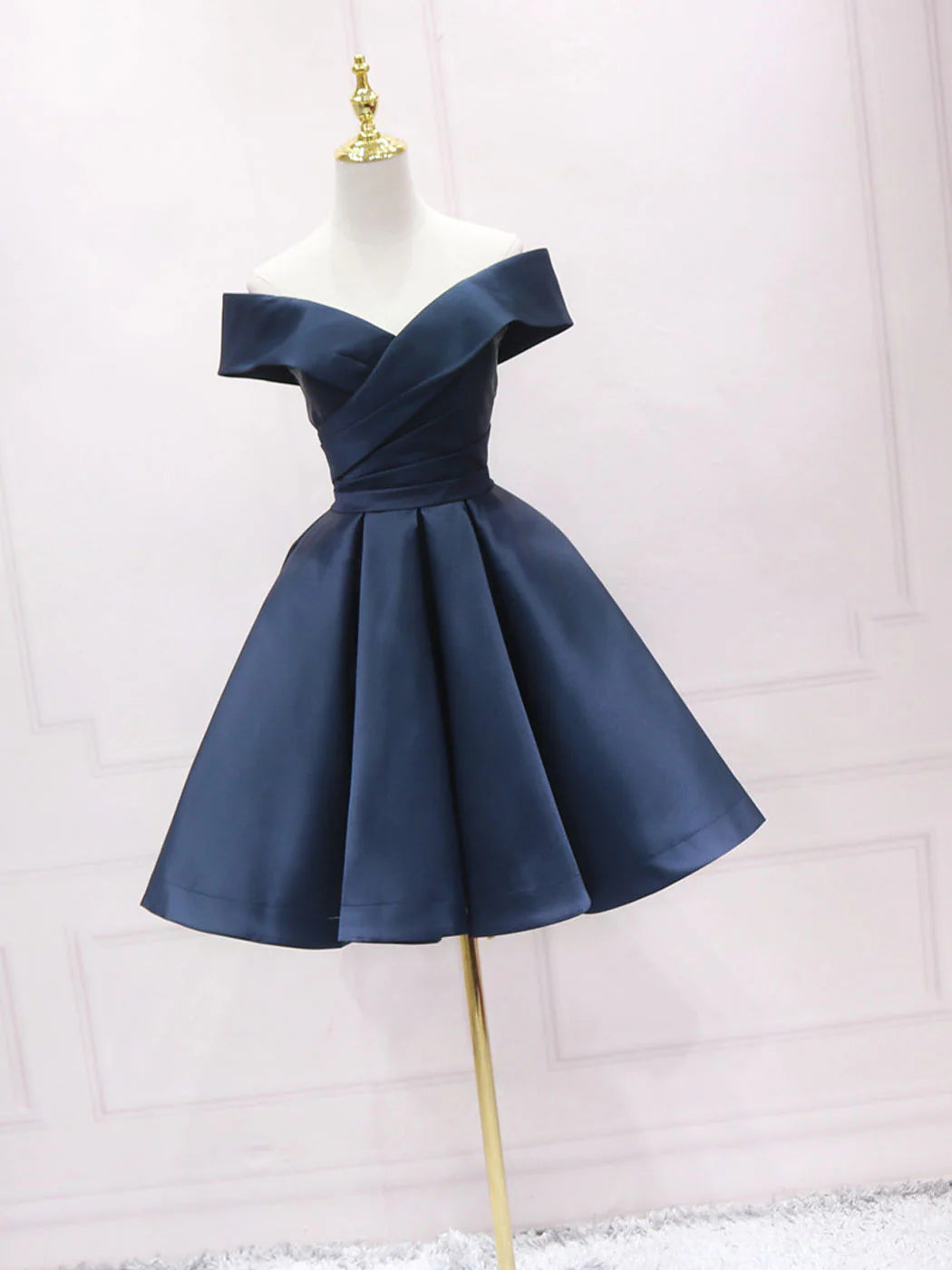 Off Shoulder Satin Dark Blue Short Party Dress Blue Homecoming Dress