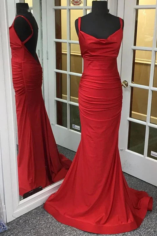Satin Cowl Neck Backless Mermaid Long Prom Dress