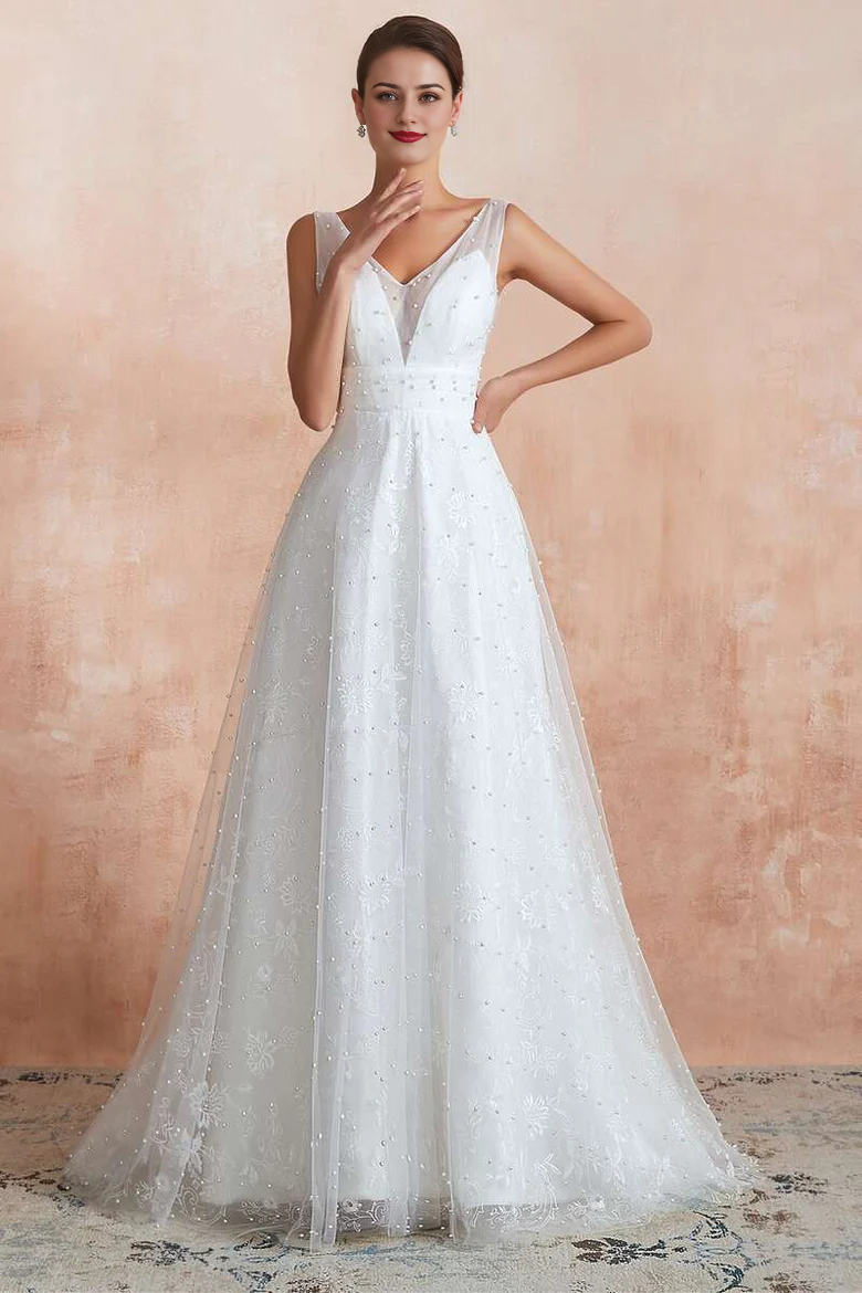 Pearls V-Neck Backless A-Line Wedding Dress