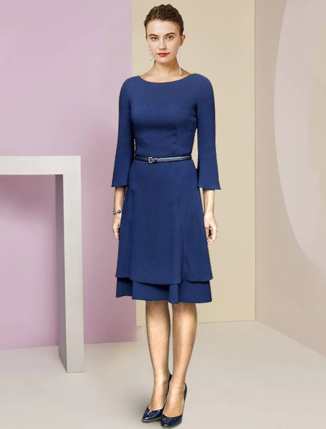 A-Line Mother of the Bride Dress Wedding Guest Party Elegant Scoop Neck Knee Length Stretch Fabric 3/4 Length Sleeve with Cascading Ruffles