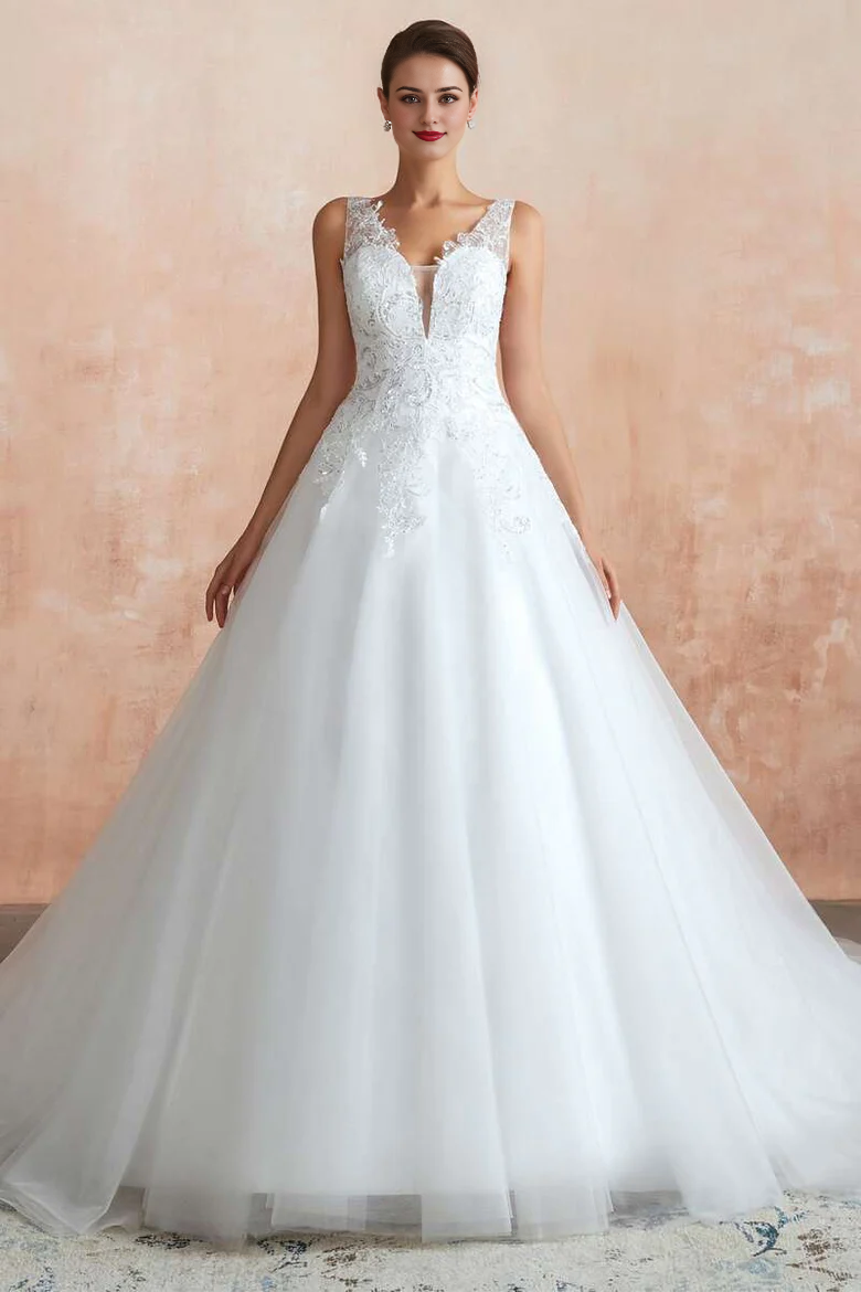 Lace A-Line V-Neck Wedding Dress with Sheer Back
