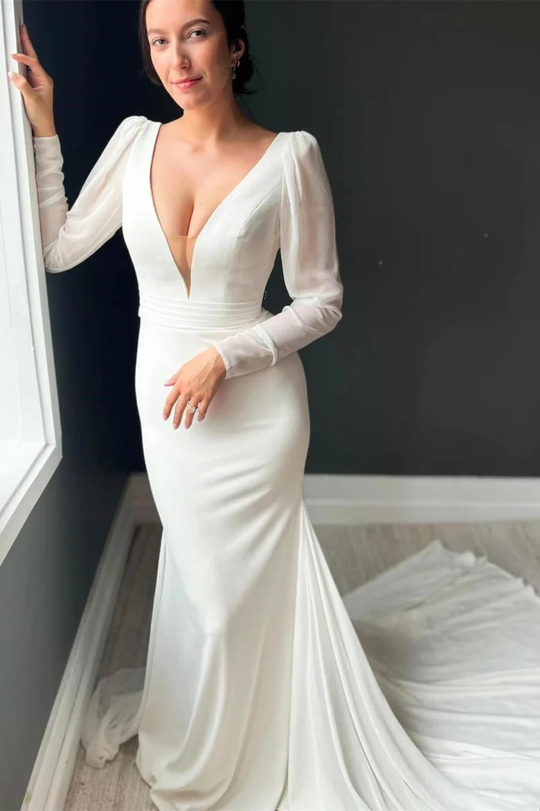 Plunge V Backless Mermaid Long Wedding Dress