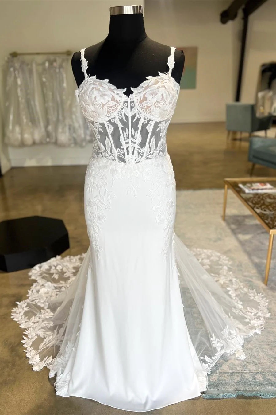 Sheer Corset Mermaid Wedding Dress with Mesh Train
