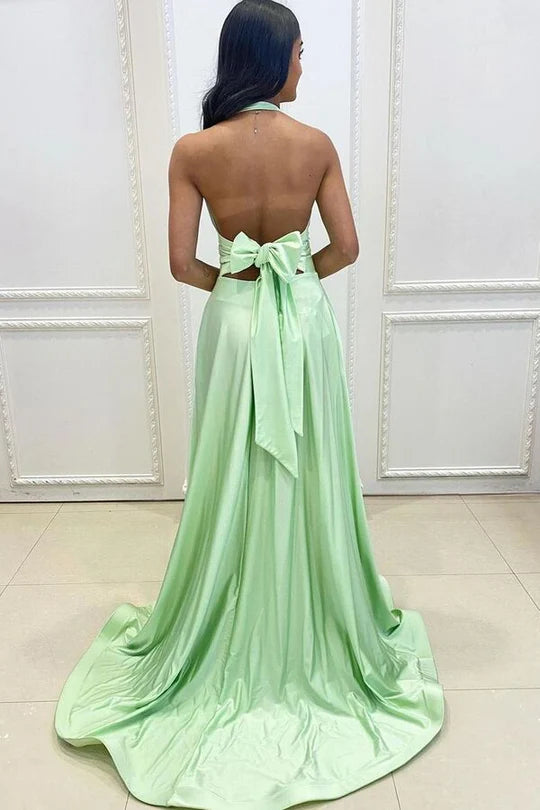 Sage Green Halter Long Boho Dress with Slit