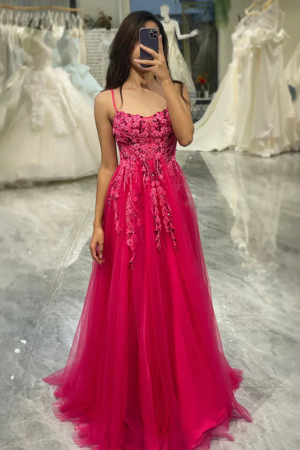 A Line Long Tulle Corset Appliqued Prom Dress