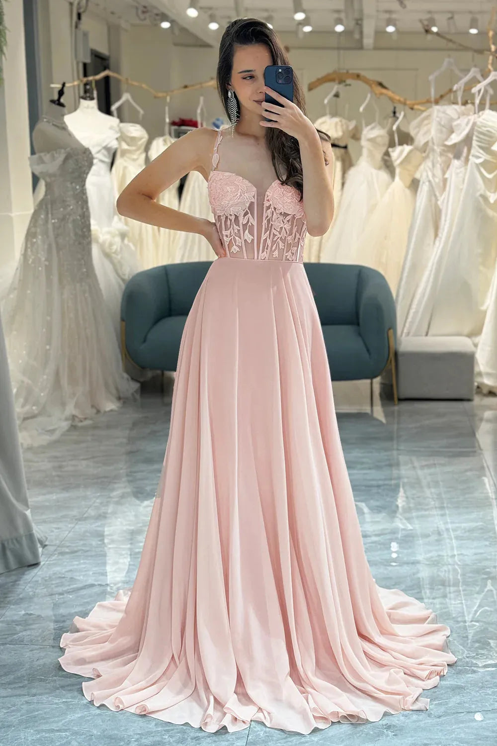 Spaghetti Straps Long Chiffon Prom Dress With Appliques