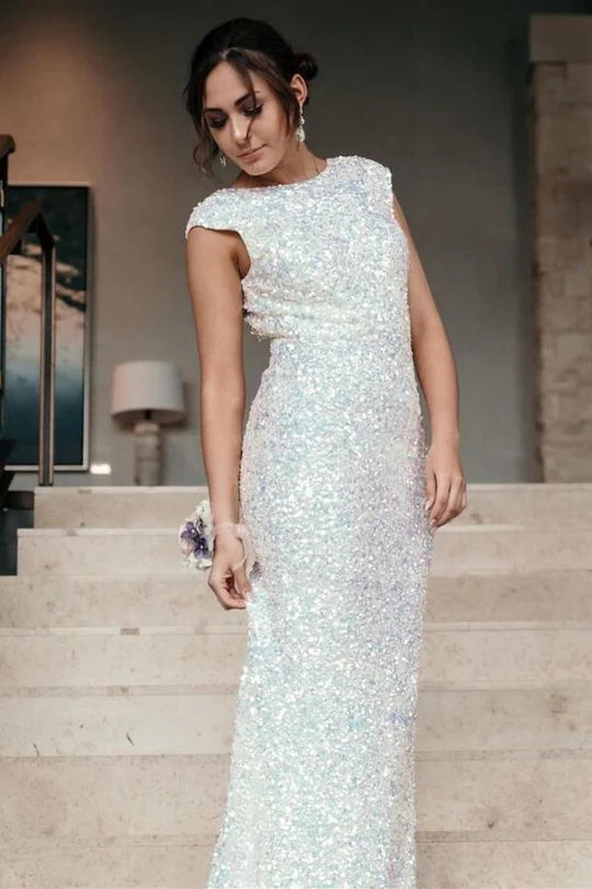 Sleeves Mermaid Ivory Sequins Long Formal Dress