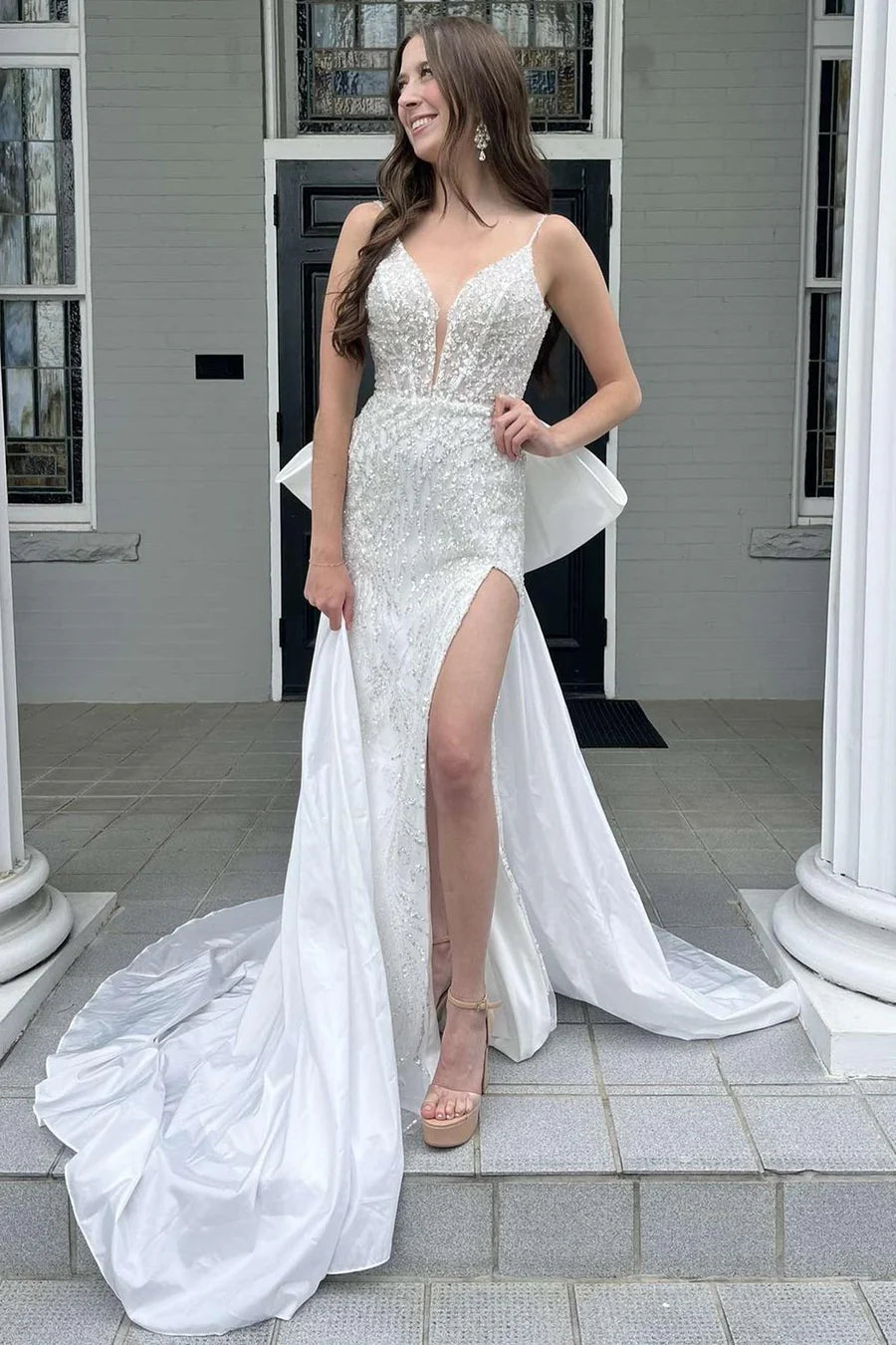 Glitter Lace Plunge V Mermaid Wedding Dress with Attached Train