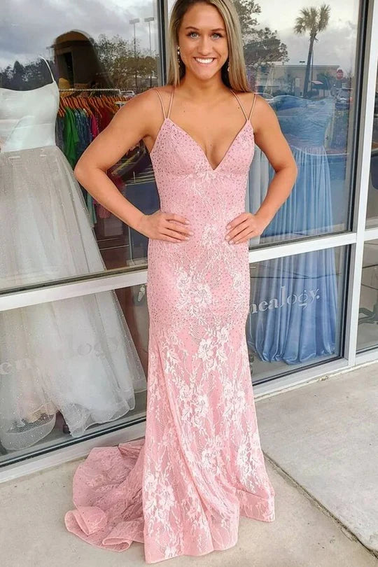 Pink Lace Long Formal Dress with Lace Up Back