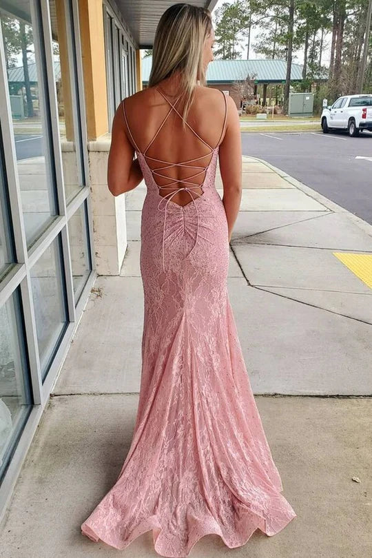Pink Lace Long Formal Dress with Lace Up Back