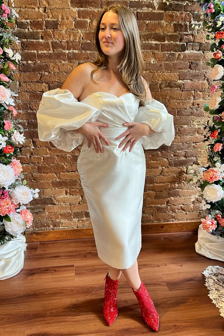 Sweetheart Midi Reception Dress with Detachable Sleeves