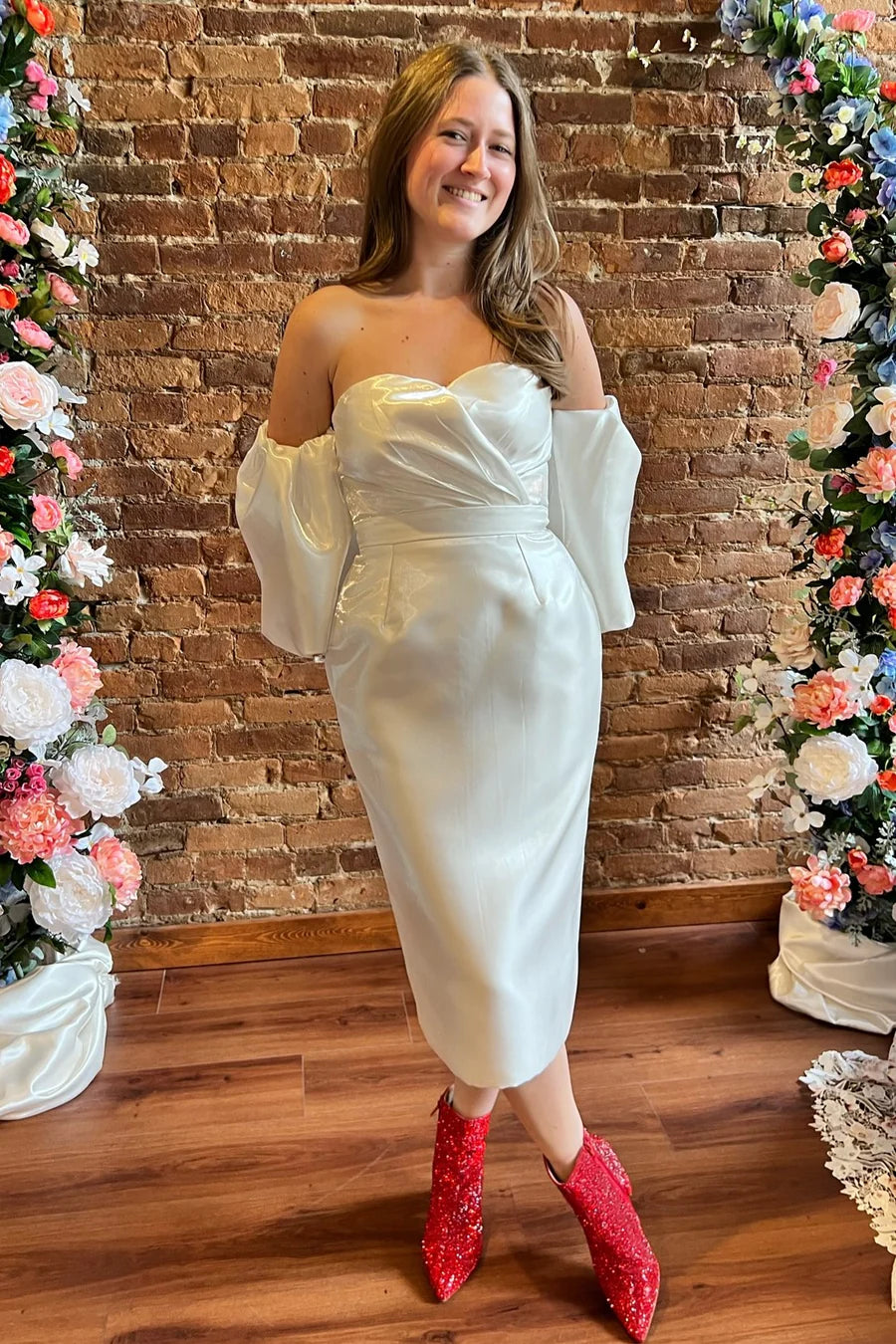 Sweetheart Midi Reception Dress with Detachable Sleeves