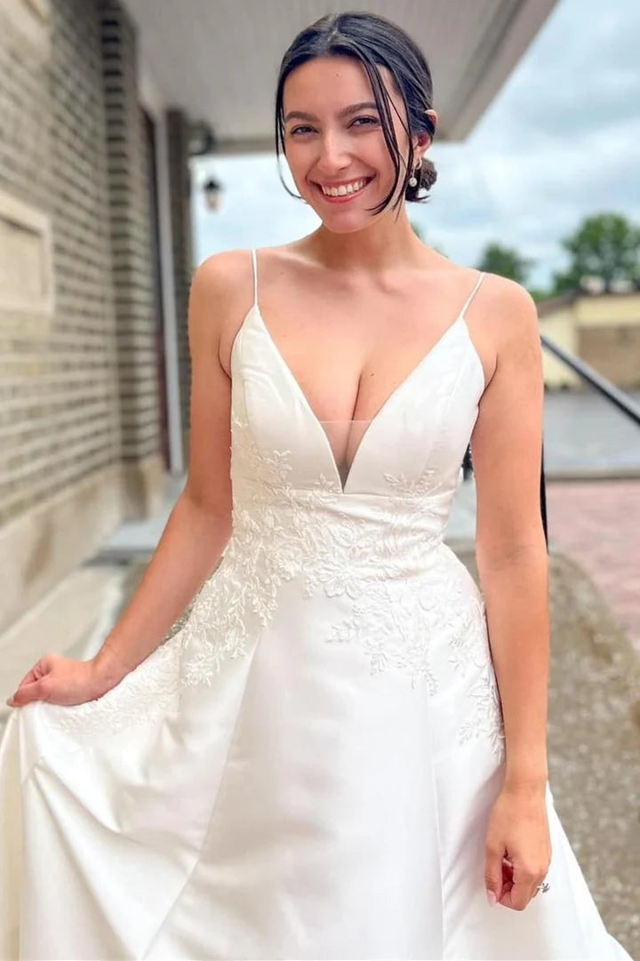 V-Neck A-Line Long Wedding Dress with Appliques