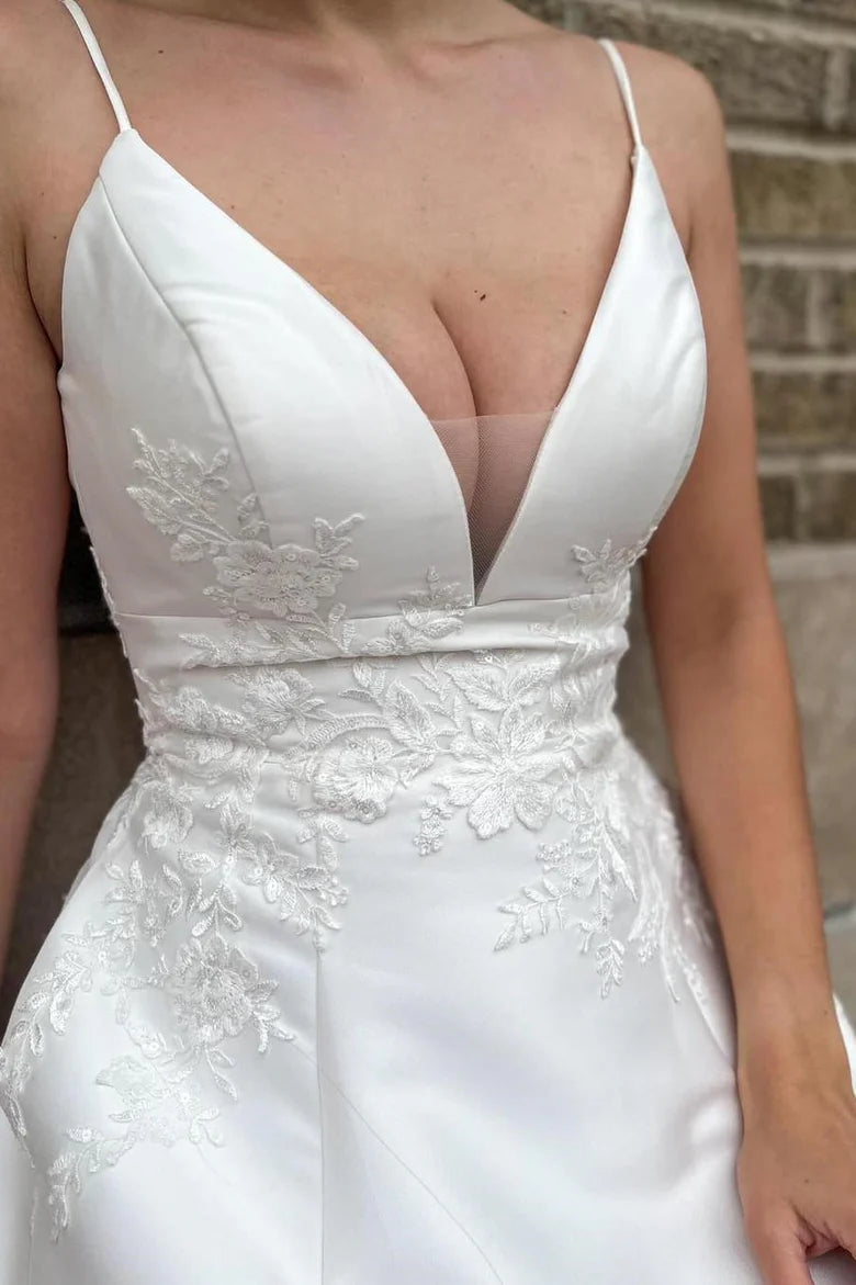 V-Neck A-Line Long Wedding Dress with Appliques
