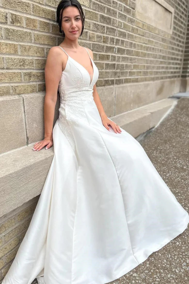 V-Neck A-Line Long Wedding Dress with Appliques
