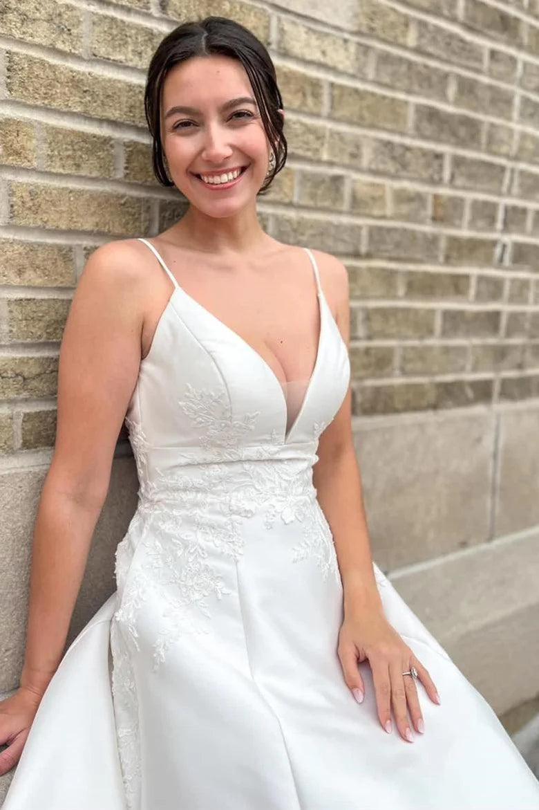 V-Neck A-Line Long Wedding Dress with Appliques