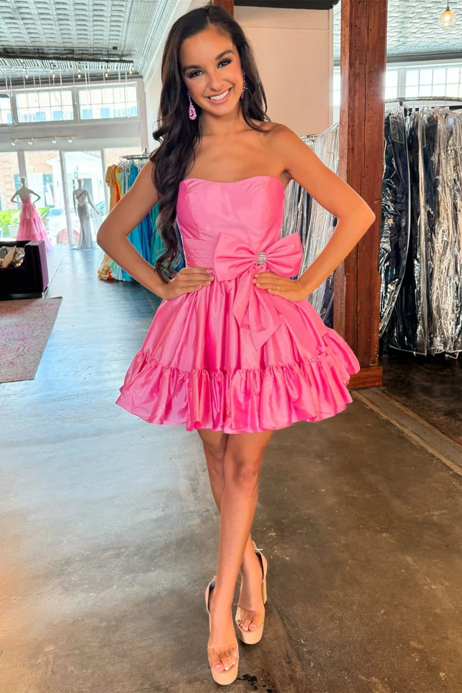 Strapless Ruffle Homecoming Dress with Bow