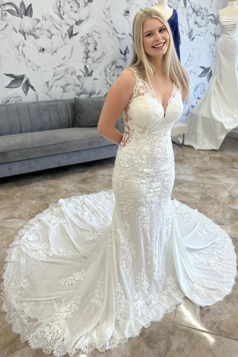 Lace V-Neck Sheer Back Mermaid Long Wedding Dress