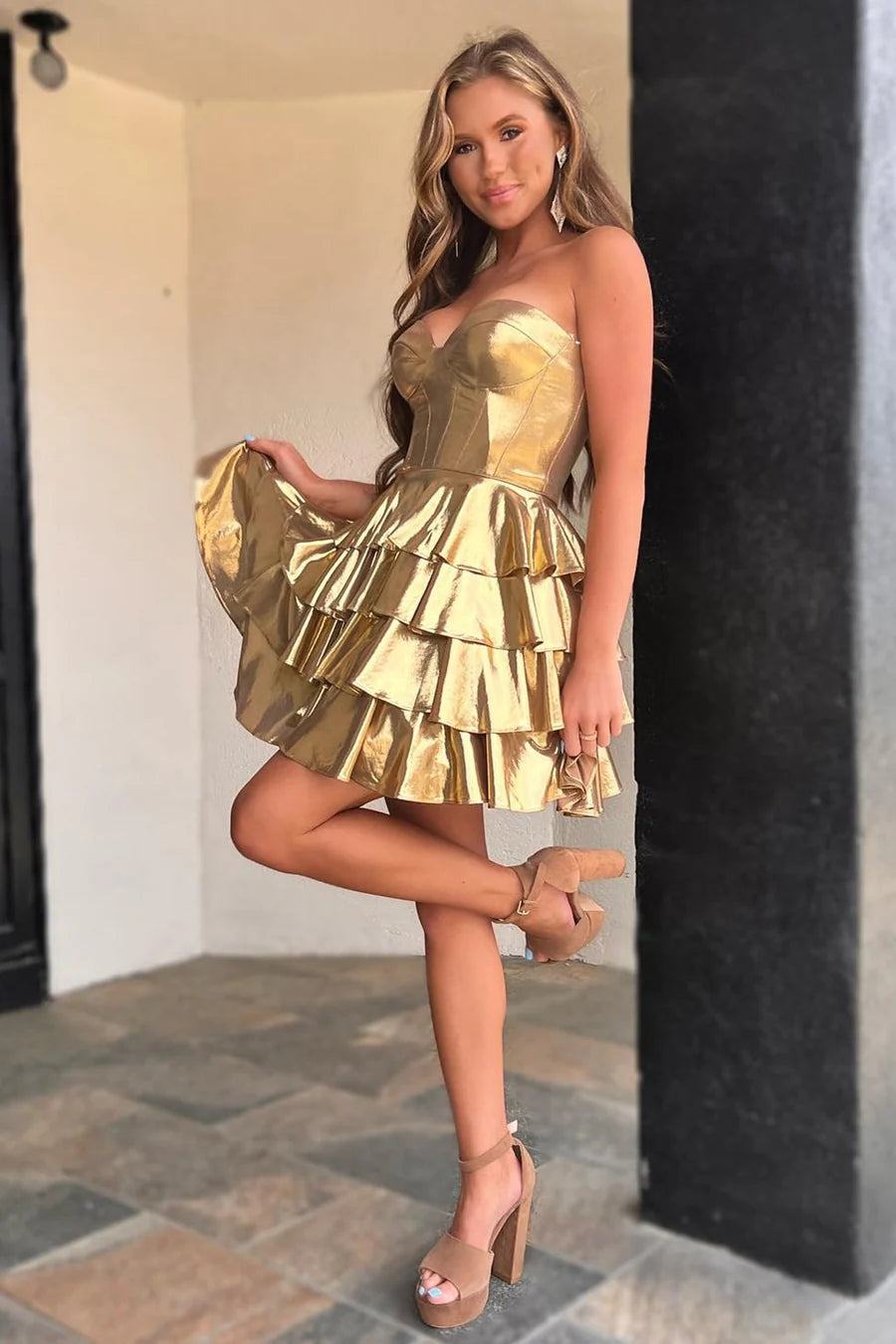 Metallic Gold Ruffle Tiered Mini Homecoming Dress