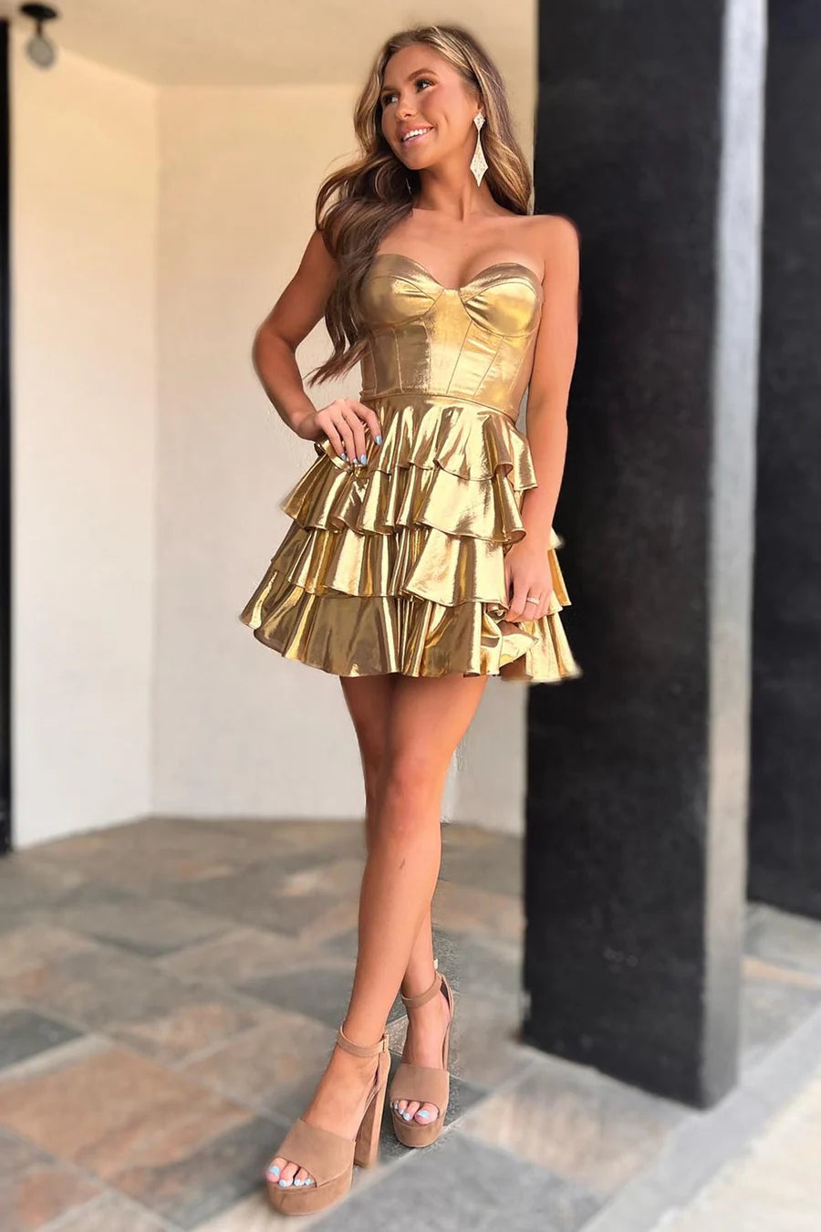 Metallic Gold Ruffle Tiered Mini Homecoming Dress