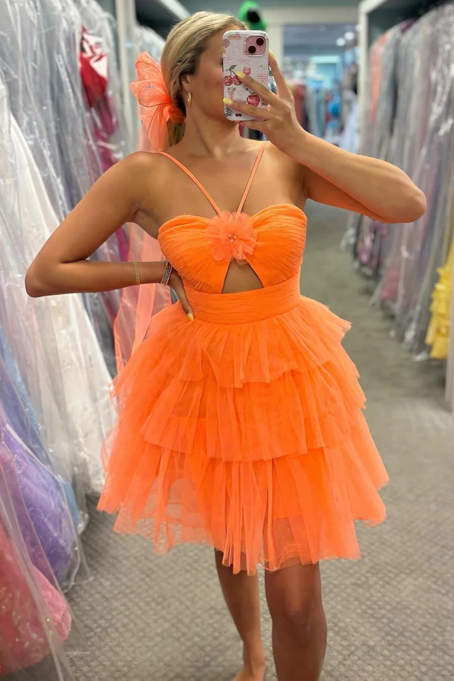 Cutout Ruffle Tiered Homecoming Dress with Rosette