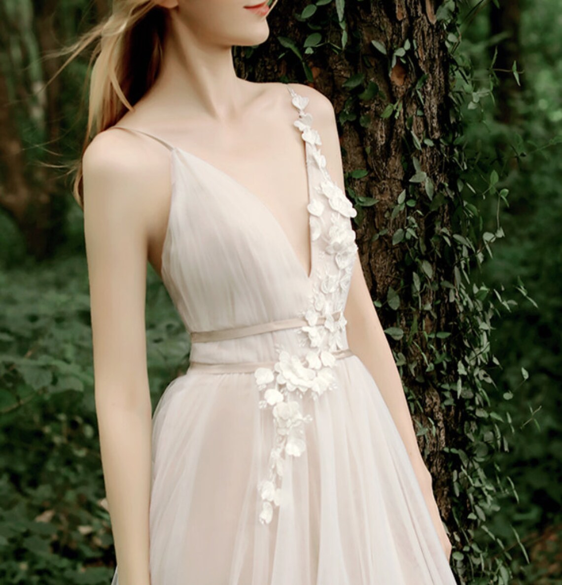 Delicate Lace Wedding Dress Fairy Wedding Dress With 3D Floral Lace Deep V-Neck Light weight Open back A-line Bridal Dress With Train