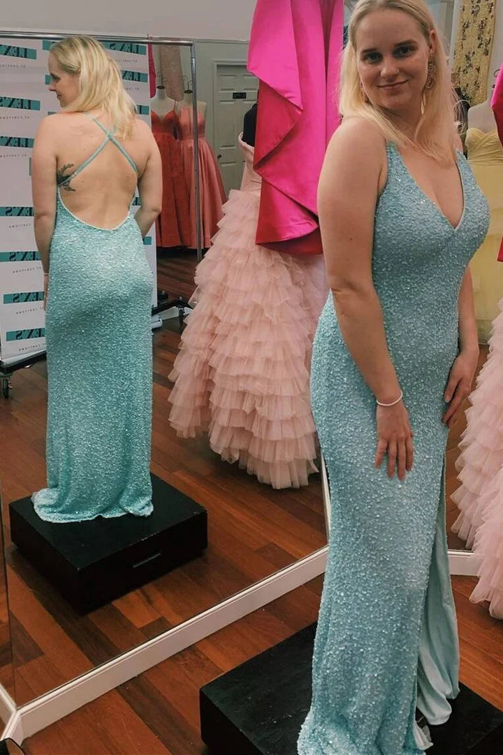 Blue Sequins Mermaid Long Formal Dress