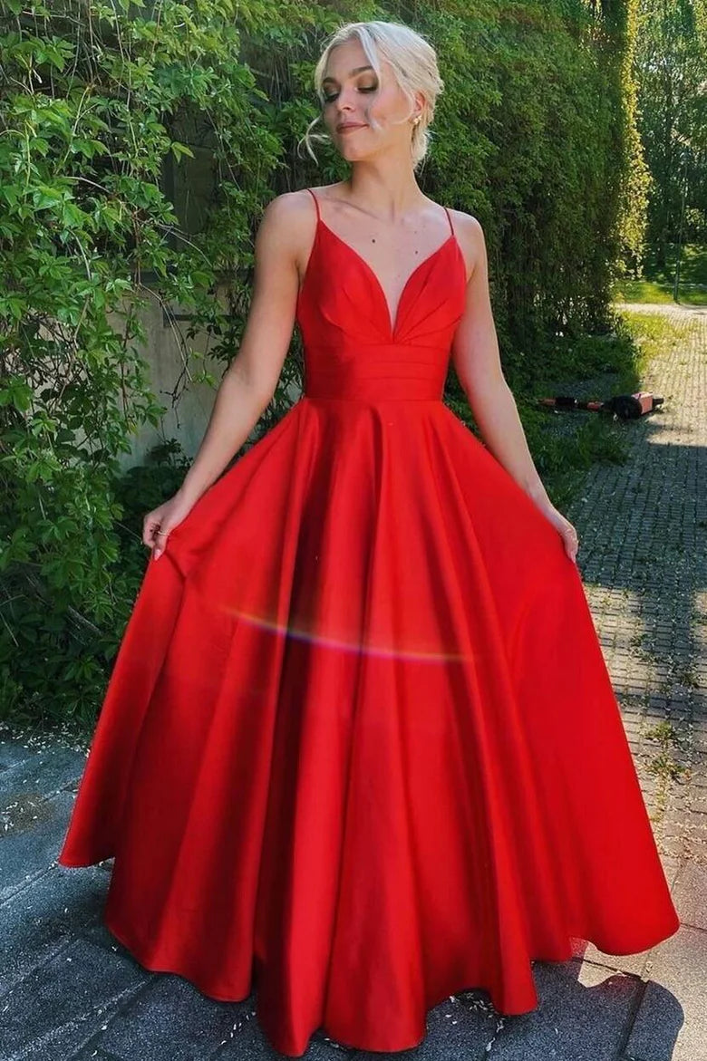 Simple elegant Red A-line V-Neck Long Prom Dress