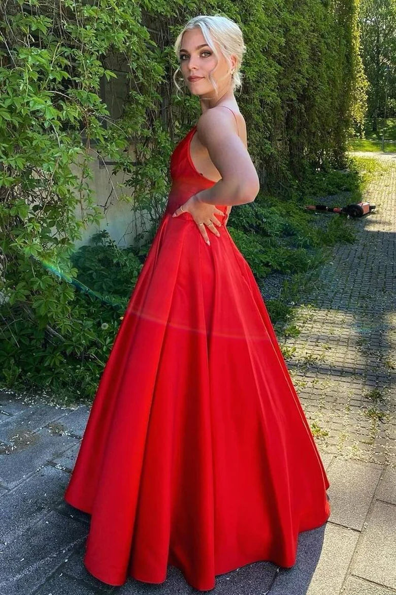 Simple elegant Red A-line V-Neck Long Prom Dress