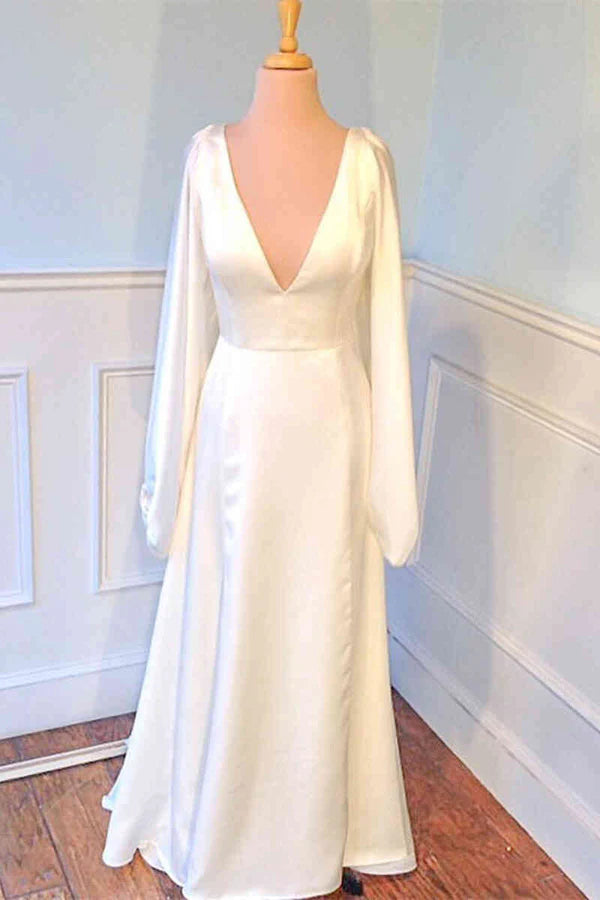 V-Neck Backless Ivory Wedding Dress with Sleeves