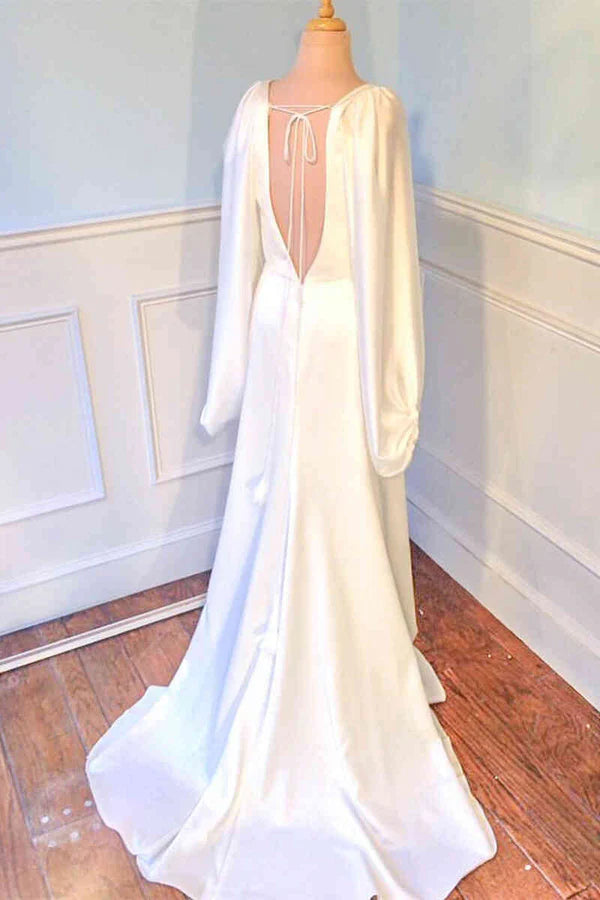 V-Neck Backless Ivory Wedding Dress with Sleeves