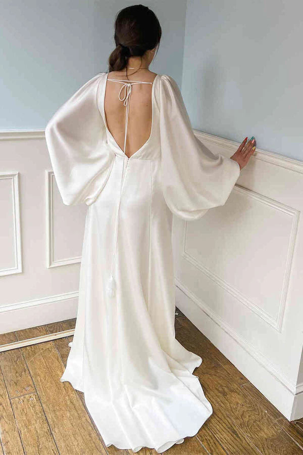V-Neck Backless Ivory Wedding Dress with Sleeves