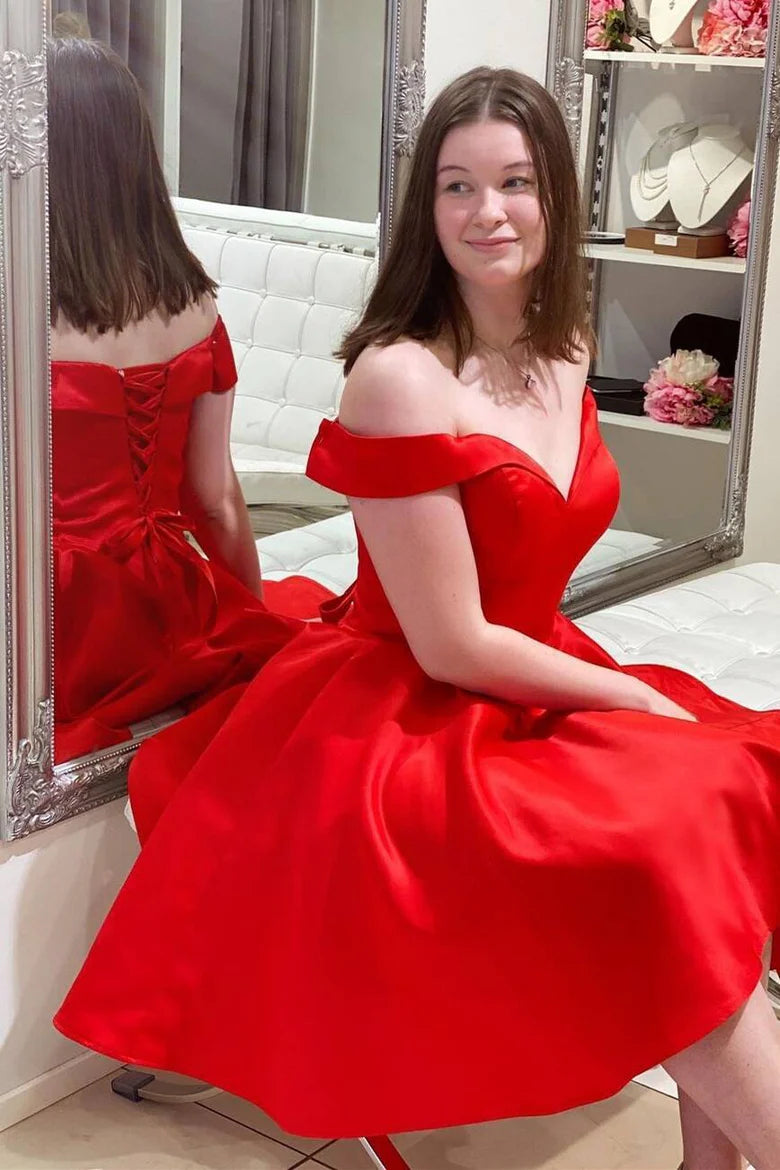 Off the Shoulder Red Satin Party Dress