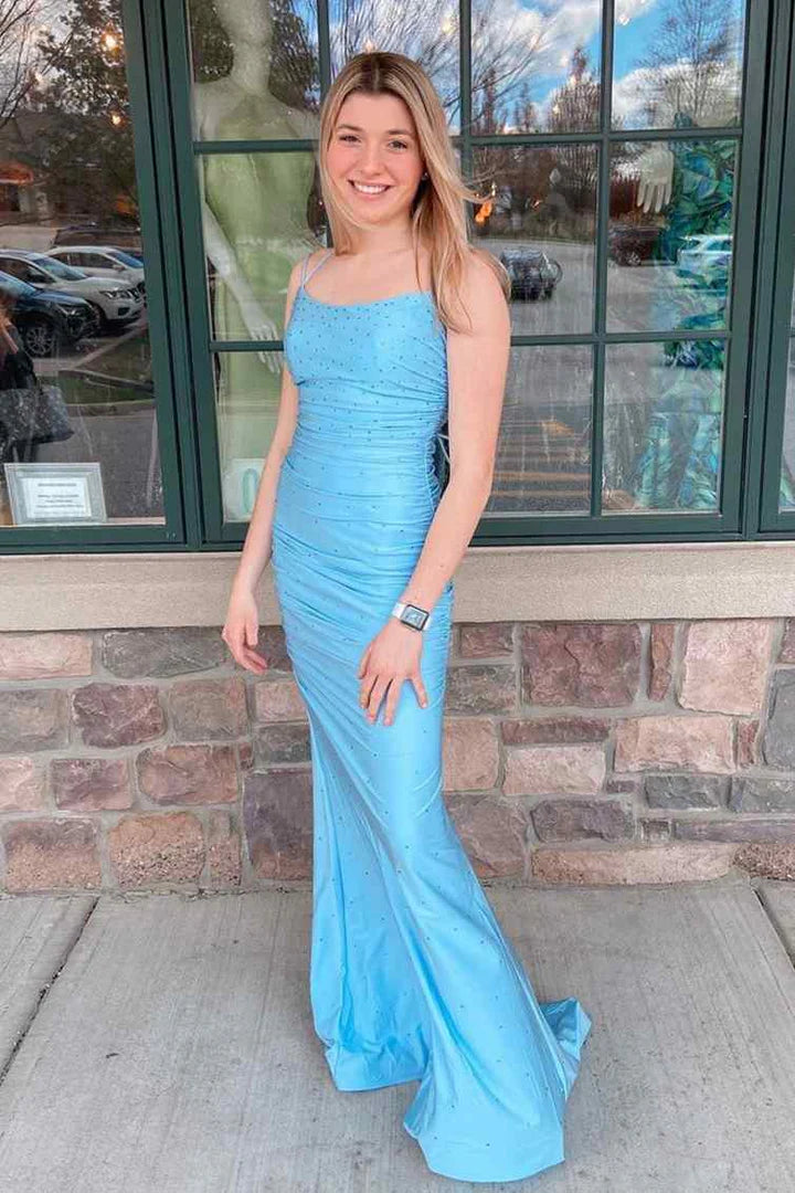 Blue Long Formal Dress with Spaghetti Straps