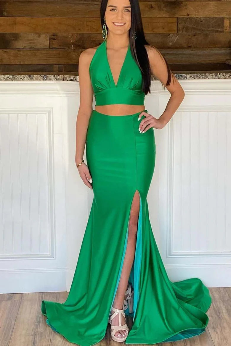 Two Piece Green Mermaid Halter Long Prom Dress