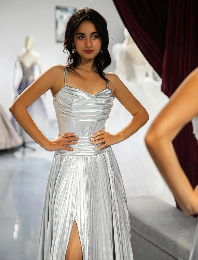 Distinctive Silver Metallic Slit Prom Dress