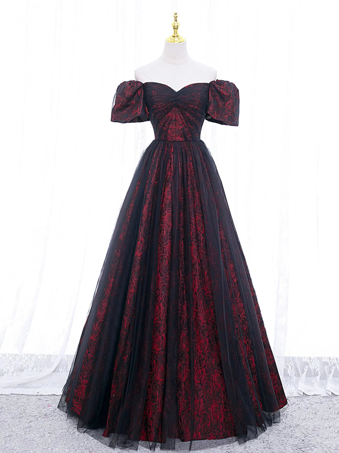 A-Line Tulle Lace Burgundy Long Prom Dress