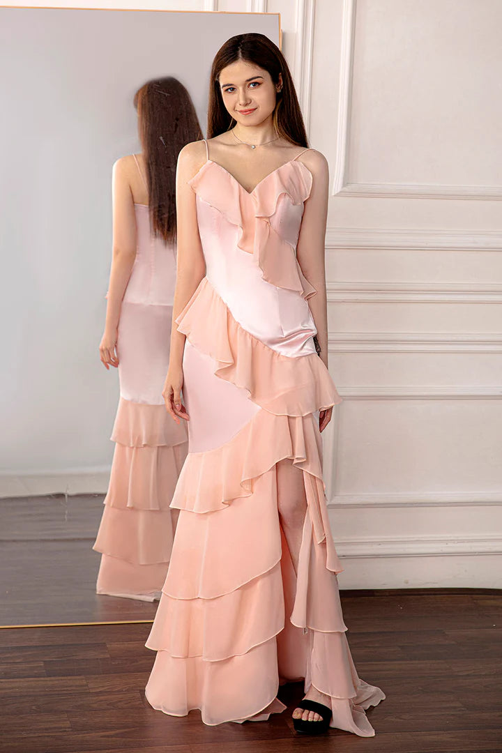 Light Pink Ruffled Prom Dress with Slit