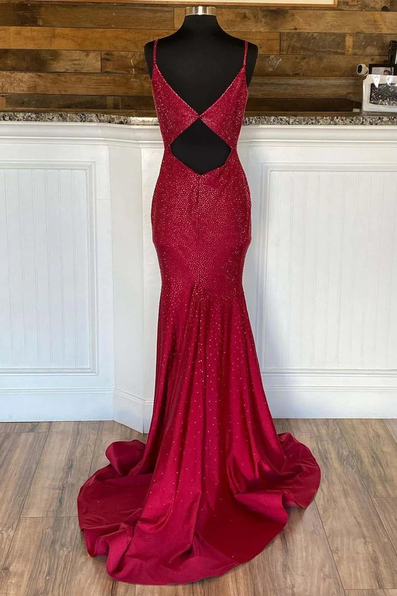 Beautiful Burgundy Beaded Long Formal Dress